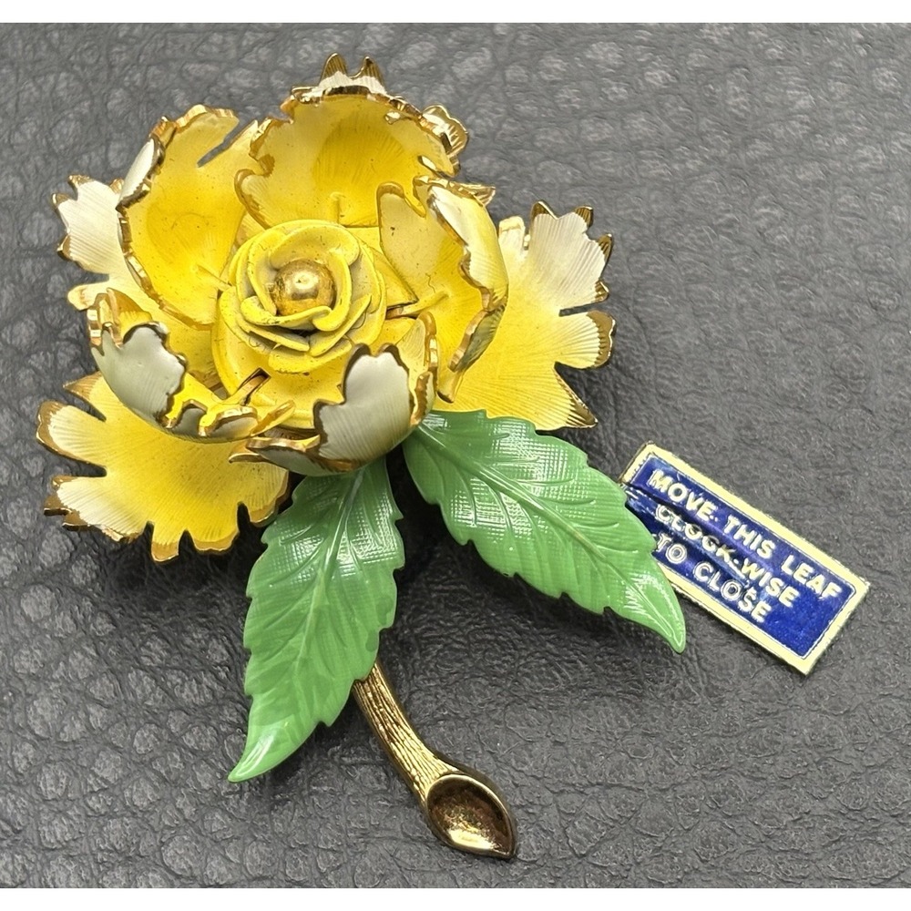 VTG Warner Yellow Enamel Night & Day Brooch Pin Mechanical Flower Opens With Tag